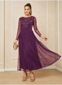 Embellished Long Sleeves A-Line Maxi Dress