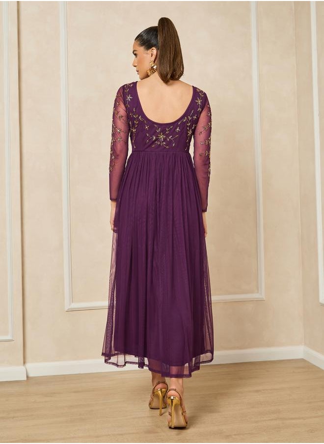 Styli - Embellished Long Sleeves A-Line Maxi Dress - Image 1