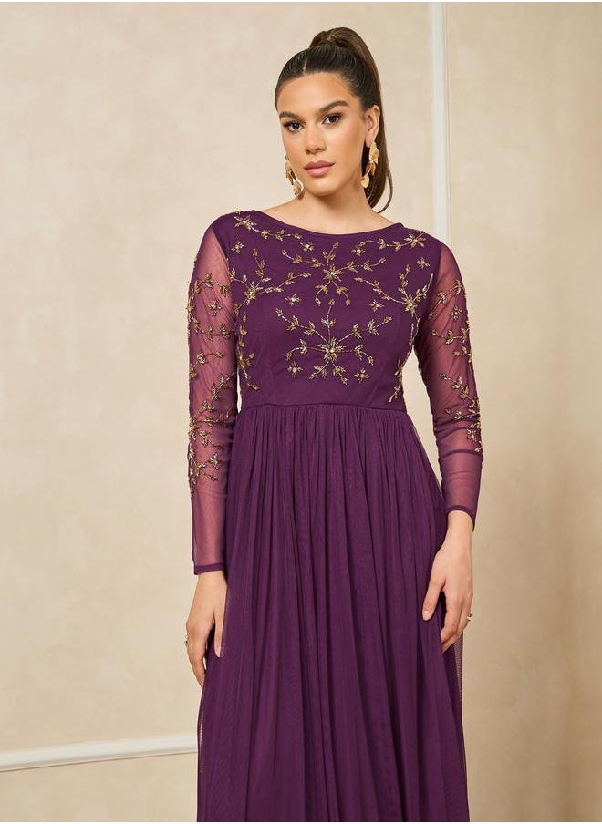 Styli - Embellished Long Sleeves A-Line Maxi Dress - Image 1