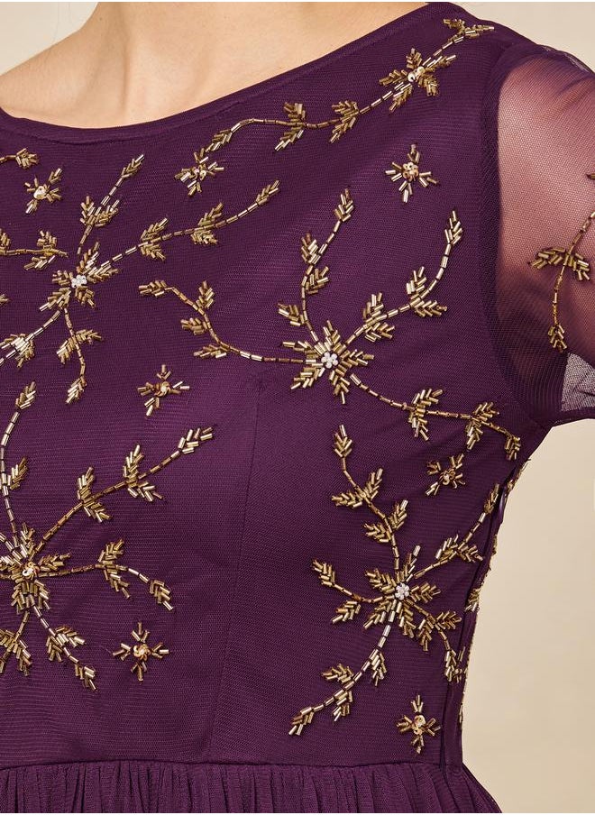 Styli - Embellished Long Sleeves A-Line Maxi Dress - Image 1