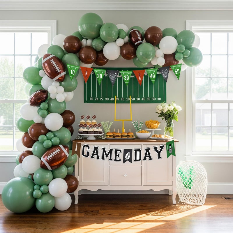 besttideyes Football Balloon Garland Arch Kit Sage Green and Brown Balloons with Football Foil Balloon Game Day banner for Touch Down Rugby Super Bowl Sport Theme Party Decorations - Image 1