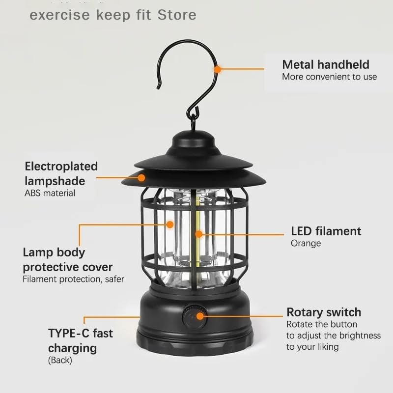 Fire Turtle Camping Lanterns Rechargeable Portable Electric LED Camping Lights Outdoor Hanging Tent Light Vintage Tabletop Lantern Decor Stepless Dimming Waterproof for Camping Power Outages Indoor - Image 4