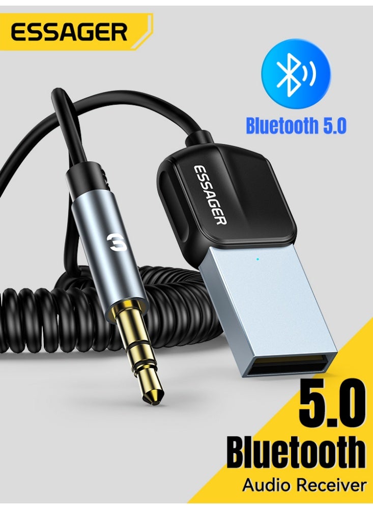 ESSAGER Aux Bluetooth Receiver for Car, Bluetooth 5.0 Audio Adapter with 3.5mm Jack, USB Powered Hands-Free Kit with Noise Cancelling Mic, TPE Spring Cable for Home Stereo and PC - Image 1