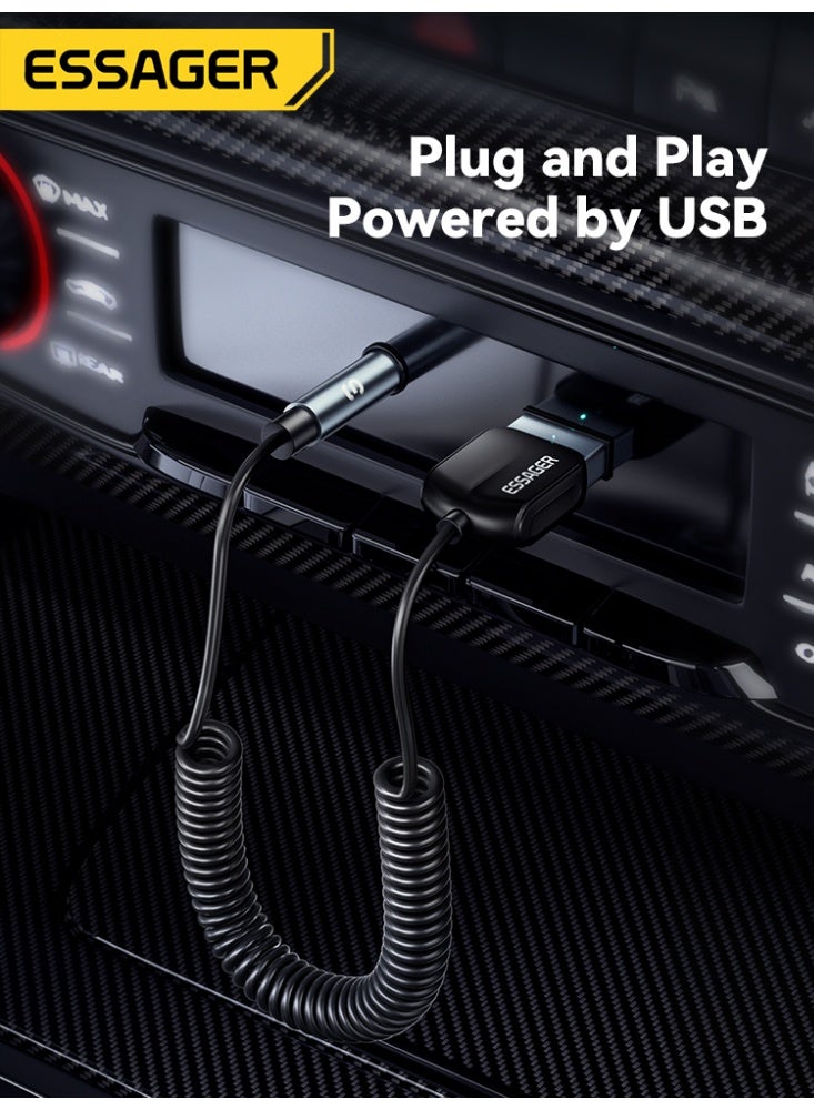 ESSAGER Aux Bluetooth Receiver for Car, Bluetooth 5.0 Audio Adapter with 3.5mm Jack, USB Powered Hands-Free Kit with Noise Cancelling Mic, TPE Spring Cable for Home Stereo and PC - Image 4