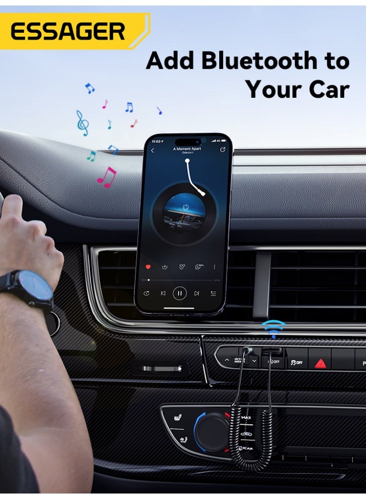 ESSAGER Aux Bluetooth Receiver for Car, Bluetooth 5.0 Audio Adapter with 3.5mm Jack, USB Powered Hands-Free Kit with Noise Cancelling Mic, TPE Spring Cable for Home Stereo and PC - Image 2