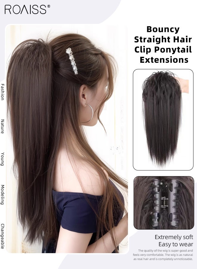 رويس وصلات شعر ذيل حصان مستقيمة ومرنة بطول 16 بوصة، مثالية للاستخدام اليومي والحفلات، مع مشبك شعر مورغان بيرم لزيادة كثافة الشعر. وصلات شعر ذيل حصان بمشبك فك طبيعي للنساء. - Image 1