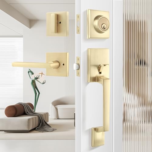 Leydebong Gold Front Door Handle and Deadbolt Set Modern Front Door Lock Set All Keyed Differrnt Front Door Handle with Single Cylinder Deadbolt for Exterior Door Reversible for RightLeft - Image 1
