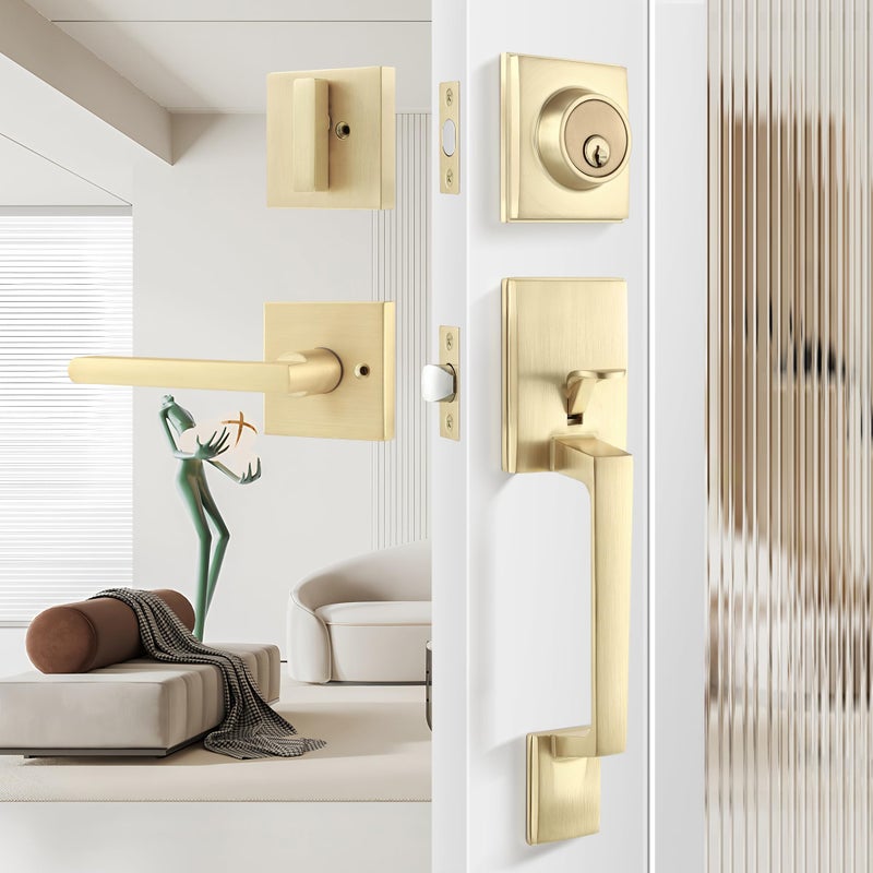 Leydebong Gold Front Door Handle and Deadbolt Set Modern Front Door Lock Set All Keyed Differrnt Front Door Handle with Single Cylinder Deadbolt for Exterior Door Reversible for RightLeft - Image 2