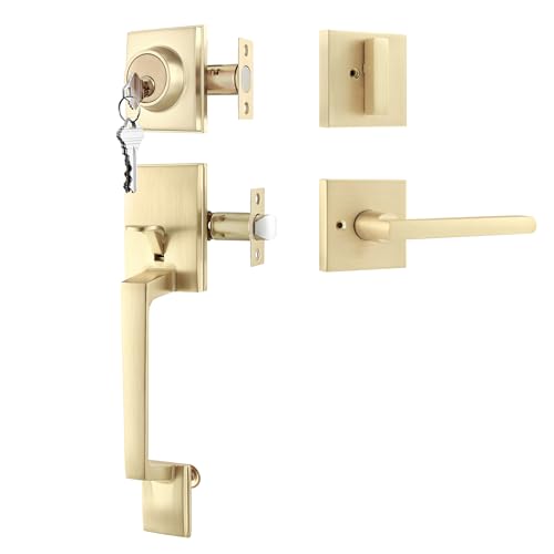 Leydebong Gold Front Door Handle and Deadbolt Set Modern Front Door Lock Set All Keyed Differrnt Front Door Handle with Single Cylinder Deadbolt for Exterior Door Reversible for RightLeft - Image 3