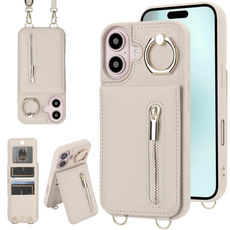 Jcxtrombulous Crossbody Wallet Case for iPhone 17 with Lanyard Strap Card Slot Holder RFID Blocking 360Â° Ring Kickstand,Magnetic Flip Folio Zipper Purse Case, PU Leather Cover Handbag,Beige - Image 1