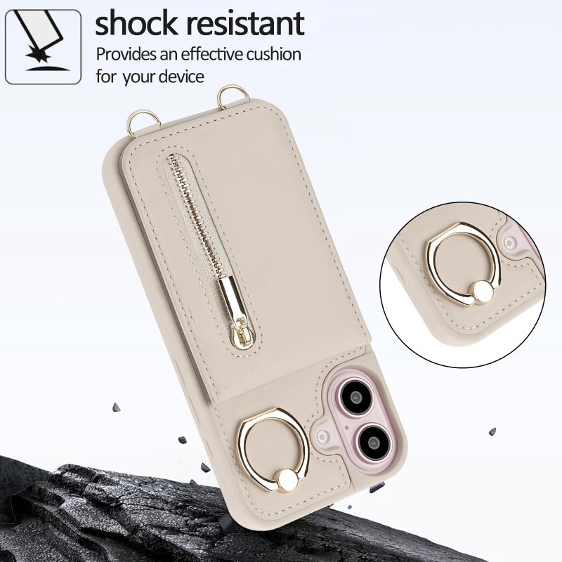 Jcxtrombulous Crossbody Wallet Case for iPhone 17 with Lanyard Strap Card Slot Holder RFID Blocking 360Â° Ring Kickstand,Magnetic Flip Folio Zipper Purse Case, PU Leather Cover Handbag,Beige - Image 3