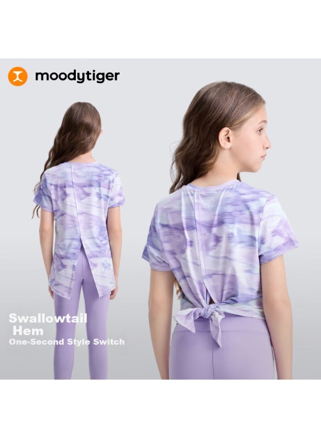 Moodytiger Girls' Short-sleeve T-shirt With Split Hem, New Summer  Style, Quick-dry Sports Sun Protection Sweat-wicking Printed Top - Image 2