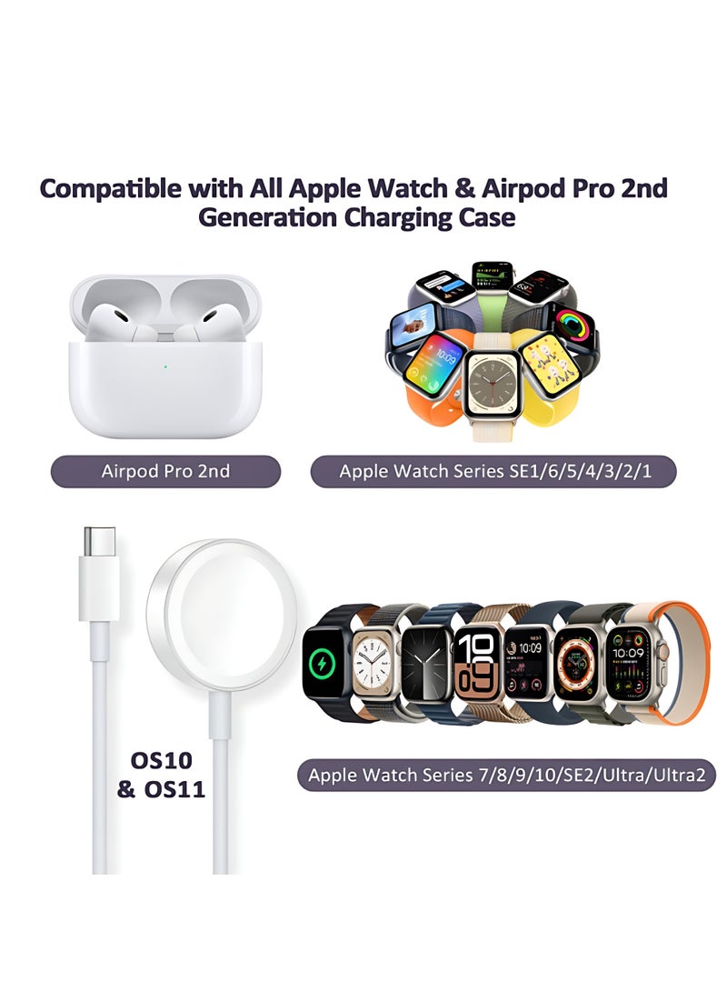 كابل شاحن ساعة USB C للشحن السريع متوافق مع Apple Watch، كابل شحن مغناطيسي متوافق مع الساعات Series 9/8/7/Ultra/Ultra2/SE2/6/5/4/3/2/1/SE1، كابل Type C بطول 1 متر - Image 2