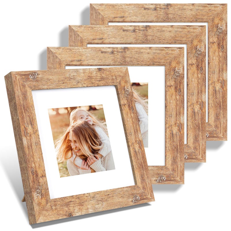 iRahmen 6x6 Picture Frame Set of 4 with Real Glass  Rustic Brown Wood Square Frames Display 4x4 Picture with Mat or 6 x 6 Without Mat  Photo Frame for Wall Mount and Tabletop Display - Image 1