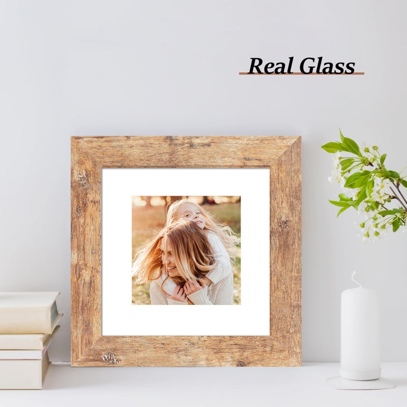 iRahmen 6x6 Picture Frame Set of 4 with Real Glass  Rustic Brown Wood Square Frames Display 4x4 Picture with Mat or 6 x 6 Without Mat  Photo Frame for Wall Mount and Tabletop Display - Image 2