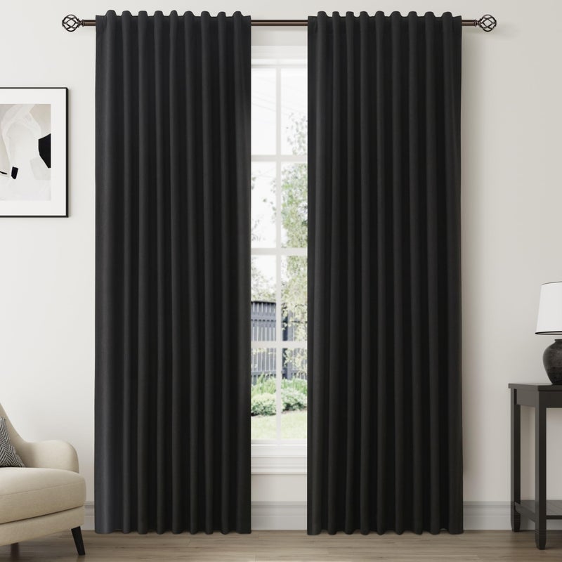 Nanspring Black Linen Blackout Curtains for Bedroom 84 Inch Length 2 Panels Set Back Tab Pocket Neutral Farmhouse Living Room Darkening Curtains Track System Thermal Insulated Black Out Drapes 52x84 - Image 1