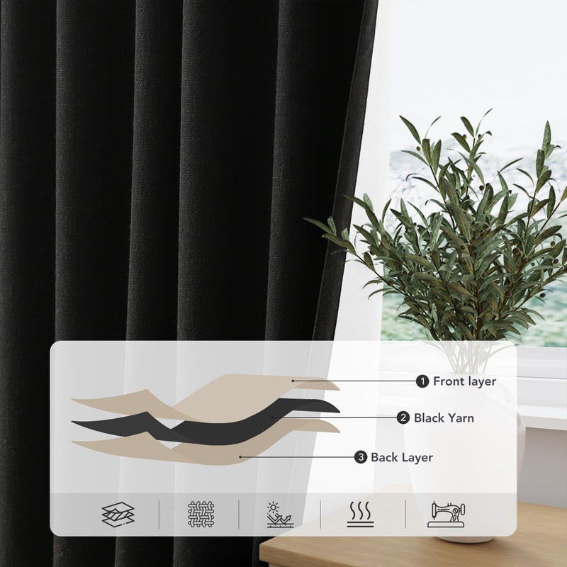 Nanspring Black Linen Blackout Curtains for Bedroom 84 Inch Length 2 Panels Set Back Tab Pocket Neutral Farmhouse Living Room Darkening Curtains Track System Thermal Insulated Black Out Drapes 52x84 - Image 5