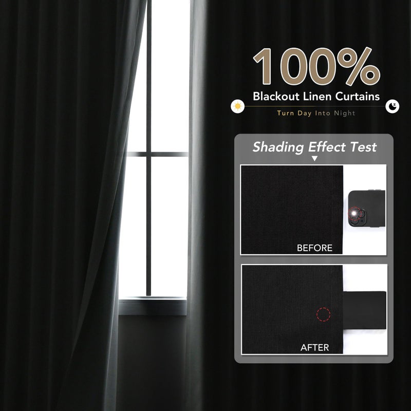 Nanspring Black Linen Blackout Curtains for Bedroom 84 Inch Length 2 Panels Set Back Tab Pocket Neutral Farmhouse Living Room Darkening Curtains Track System Thermal Insulated Black Out Drapes 52x84 - Image 2