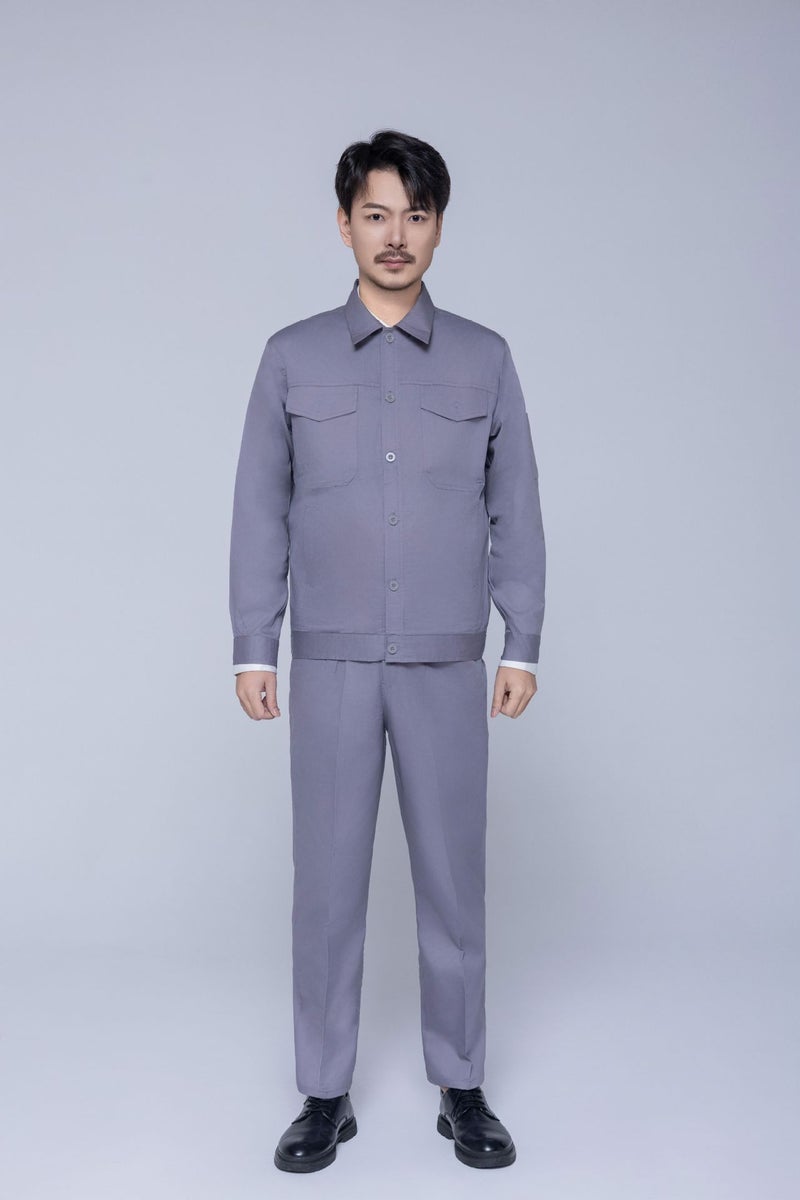 Summer Thin Cotton Long-sleeved suit Moisture Absorption and Sweat-wicking Comfortable Wear-resistant Labor Protection Tooling for Construction Site Electrician Welding Workshop Gray suit 