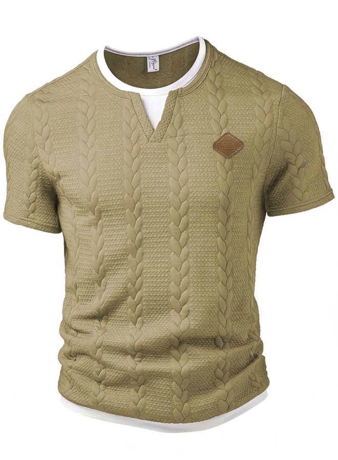 European And American Men's Textured Jacquard Fabric With Leather Logo Patch Logo Fake Two-piece Slim Fit Casual Short Sleeve T-shirt