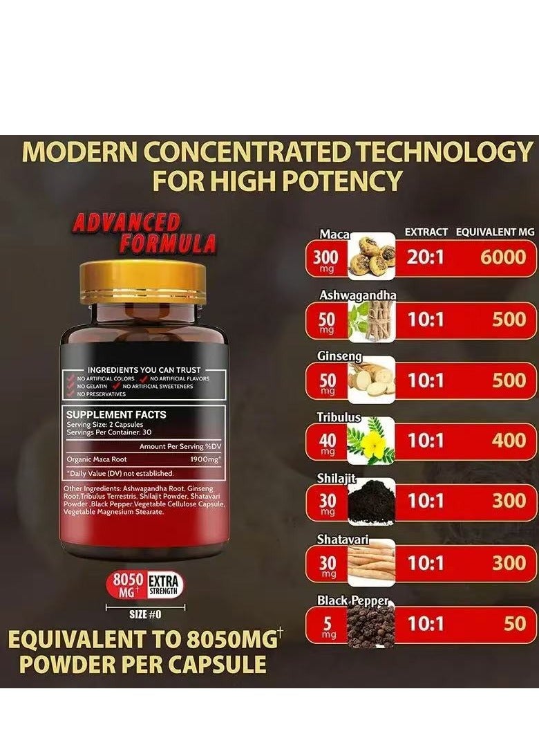 Wins Town 60 Capsules Organic Maca Root Powder Capsules 1900 mg with Ashwagandha Ginseng Tribulus Maca Root Extract Supplement Highlighting Efficacy and Natural Organic Features for Men and Women Vegan Pills - Image 4