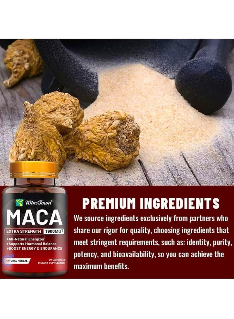 Wins Town 60 Capsules Organic Maca Root Powder Capsules 1900 mg with Ashwagandha Ginseng Tribulus Maca Root Extract Supplement Highlighting Efficacy and Natural Organic Features for Men and Women Vegan Pills - Image 2