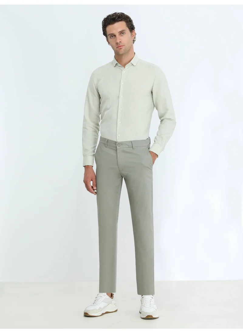 Kip Light Khaki Plain Woven Slim Fit Casual Cotton Blend Trousers