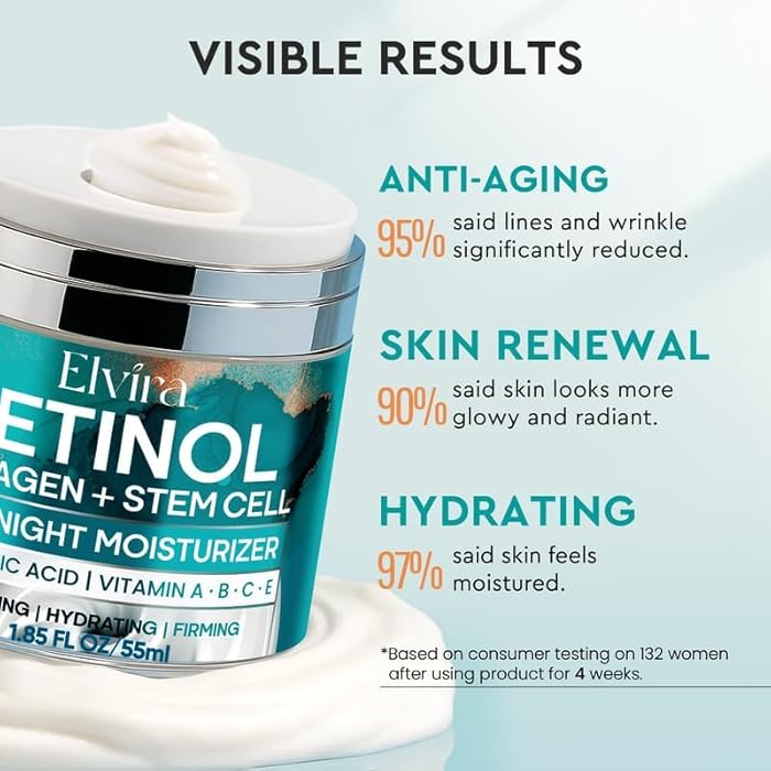 Elvira Retinol Anti Aging Face Moisturizer- Collagen Cream With Stem Cell & Hyaluronic Acid, Instant Face Lift Cream for Skin Tightening and Firming, Wrinkle Smoother for Women & Men, 1.85 Fl Oz - Image 3