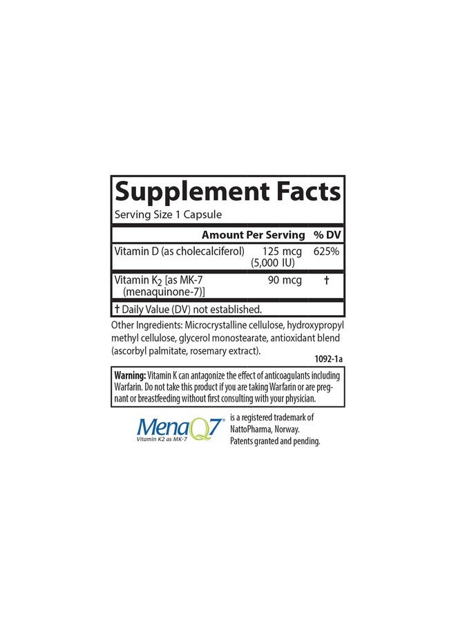 Carlson Super D3 + K2 125 Mcg (5000 Iu) & 90 Mcg Bone Support Heart Health Calcium Absorption 90 Vegetarian Capsules - Image 4