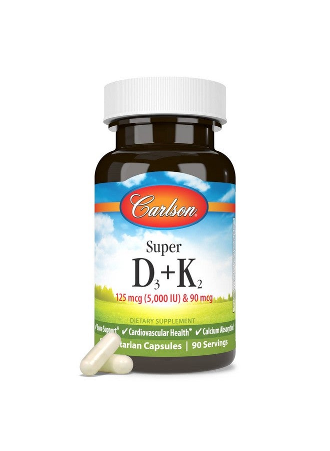 Carlson Super D3 + K2 125 Mcg (5000 Iu) & 90 Mcg Bone Support Heart Health Calcium Absorption 90 Vegetarian Capsules - Image 5