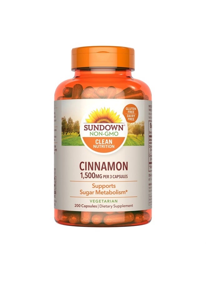 Sundown Cinnamon Capsules, Support Sugar Metabolism, Non-GMO, Free of Gluten, Dairy, Artificial Flavors, 1000 mg, 200 Capsules - Image 1