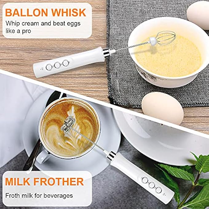 TMSGID Handheld Rechargeable Milk Frother Electric Whisk Coffee Frother Mixer With 3 Stainless Steel Whisks 3 Adjustable Speeds For Latte Cappuccino Hot Chocolate White - Image 3
