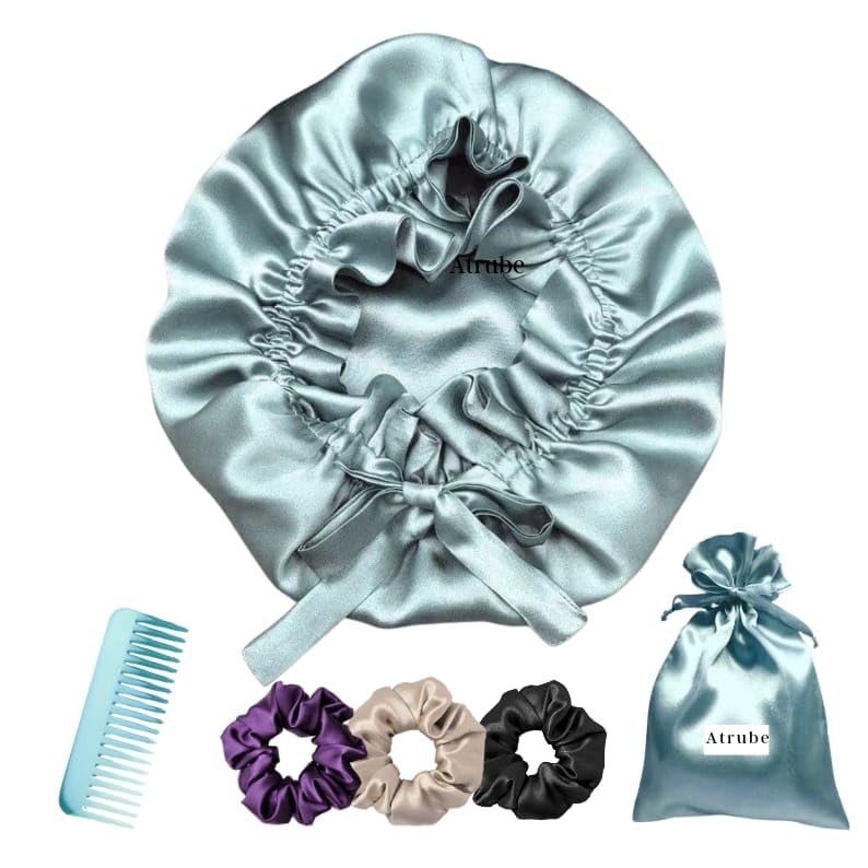 Atrube Reversible Satin Silk Bonnet for Women with Adjustable Tie | Sleep Cap for Curly Hair | Hair Wrap & Night Hair Cover with 3 Premium Scrunchies (Blue) - Image 5