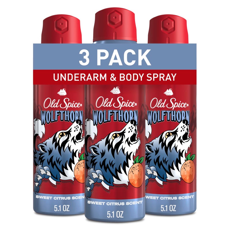 Old Spice Aluminum Free Body Spray for Men, 24/7 Odor Protection, 24/7 Lasting Fragnance & Freshness, Cologne Quality Scent, Wolfthorn with Sweet Citrus Scent, 5.1 oz (Pack of 3) - Image 1