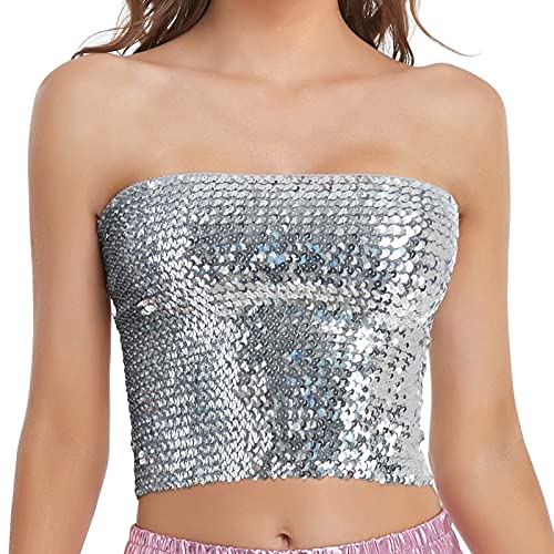 Fenyong Womens Sparkly Sequin Mermaid Crop Tops, Strapless Metallic Tube Tops for Party Clubwear(Silver) - Image 1