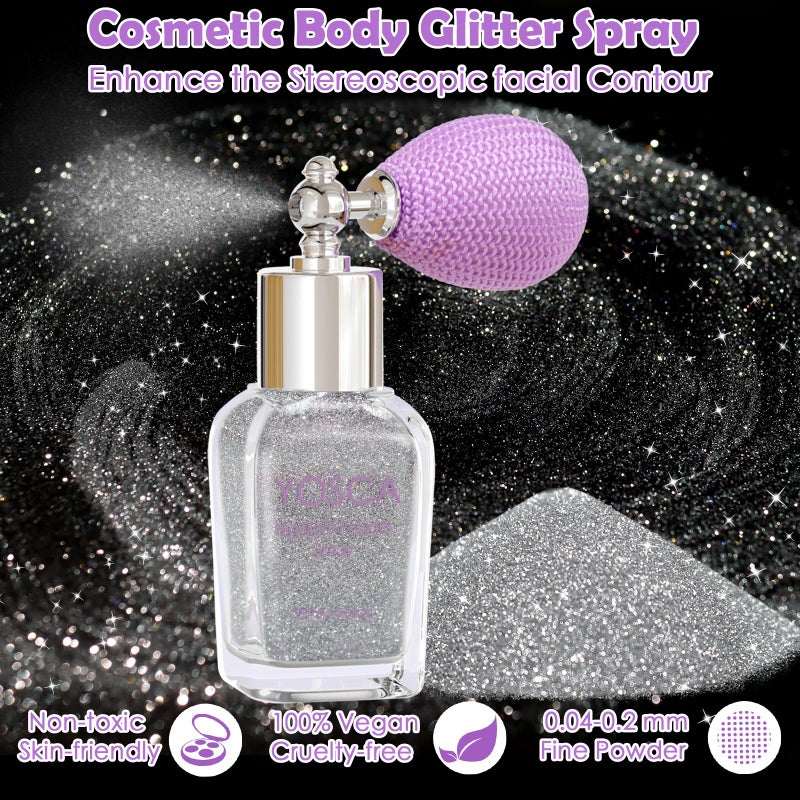 Yosca Body Glitter Spray, 30ML Diamond Body Shimmer Powder Hair Spray Silver Glitter Sparkle Highlighter Makeup Festival Concert Party Mardi Gras Rave Accessories for Rave Clothes Hair Face Nail Art - Image 2