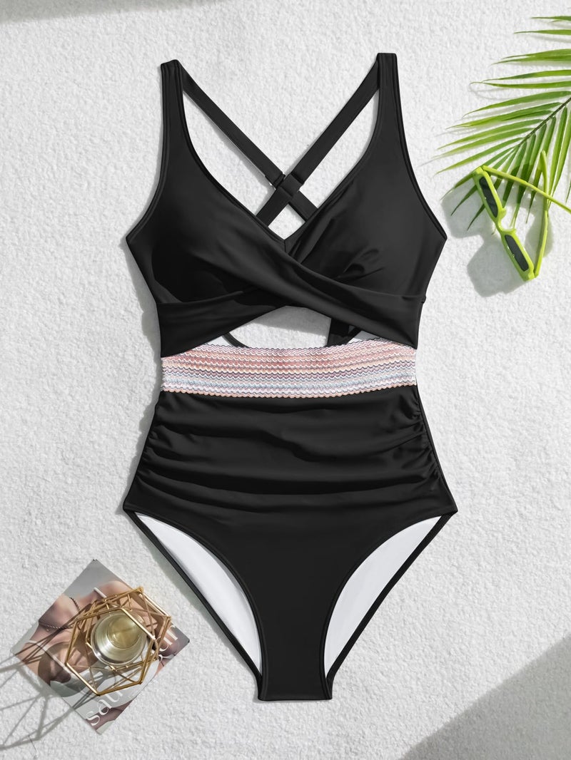 B2prity One Piece Swimsuit for Women Tummy Control V Neck Bathing Suit Color Block High Waisted Cutout Swimwear - Image 5