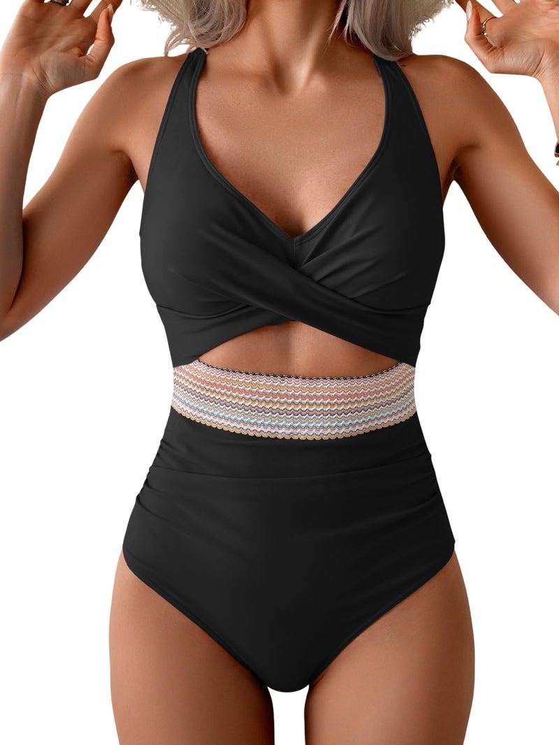 B2prity One Piece Swimsuit for Women Tummy Control V Neck Bathing Suit Color Block High Waisted Cutout Swimwear - Image 1