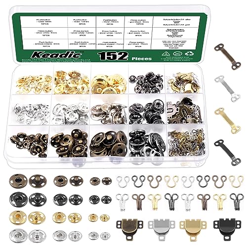 Keadic 152Pairs 3 Style Sewing Hooks and Eyes Closure Assortment Set, 9/10/12mm Metal Snaps Buttons Fasteners Press Studs Clothing Fixing Tools for DIY Clothing Sewing Trousers Skirt Dress Bra - Image 1