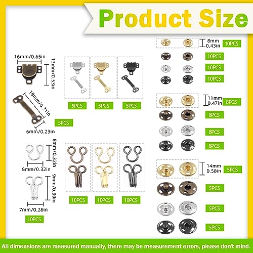 Keadic 152Pairs 3 Style Sewing Hooks and Eyes Closure Assortment Set, 9/10/12mm Metal Snaps Buttons Fasteners Press Studs Clothing Fixing Tools for DIY Clothing Sewing Trousers Skirt Dress Bra - Image 2