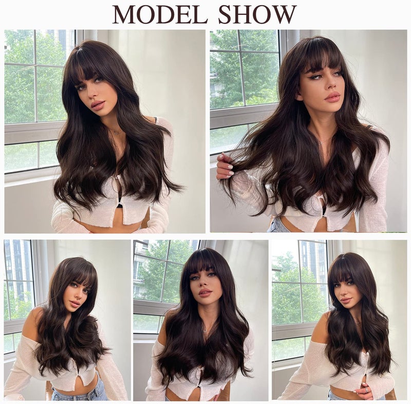 Esmee 24" Dark Brown Synthetic Natural Long Wave Wigs with Neat Bangs for Women - Image 5