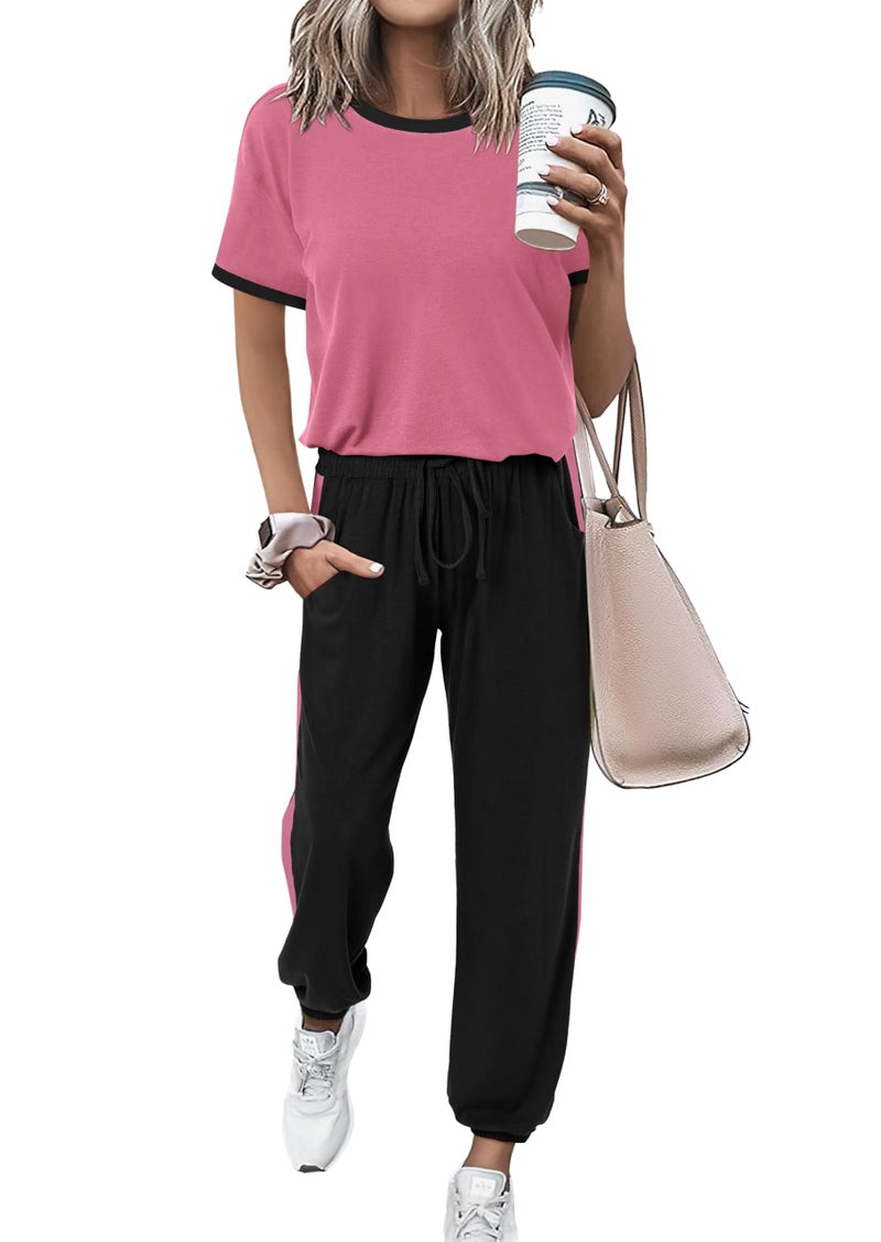 MASCOMODA Womens 2 Piece Outfits 2026 Summer Tracksuit Sets Short Sleeve Tops Travel Long Pants Jogger Lounge Set(Pink Black,Medium) - Image 1