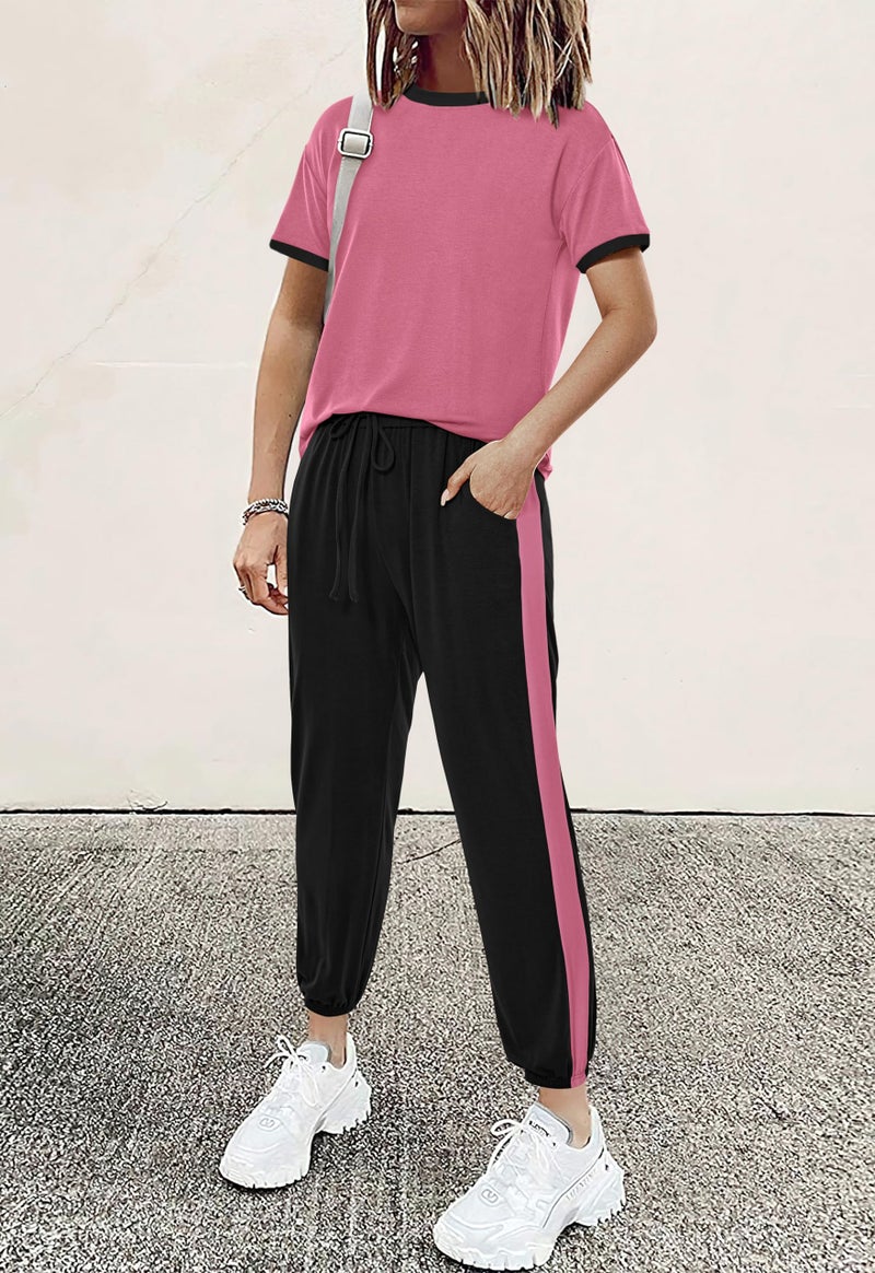 MASCOMODA Womens 2 Piece Outfits 2026 Summer Tracksuit Sets Short Sleeve Tops Travel Long Pants Jogger Lounge Set(Pink Black,Medium) - Image 3