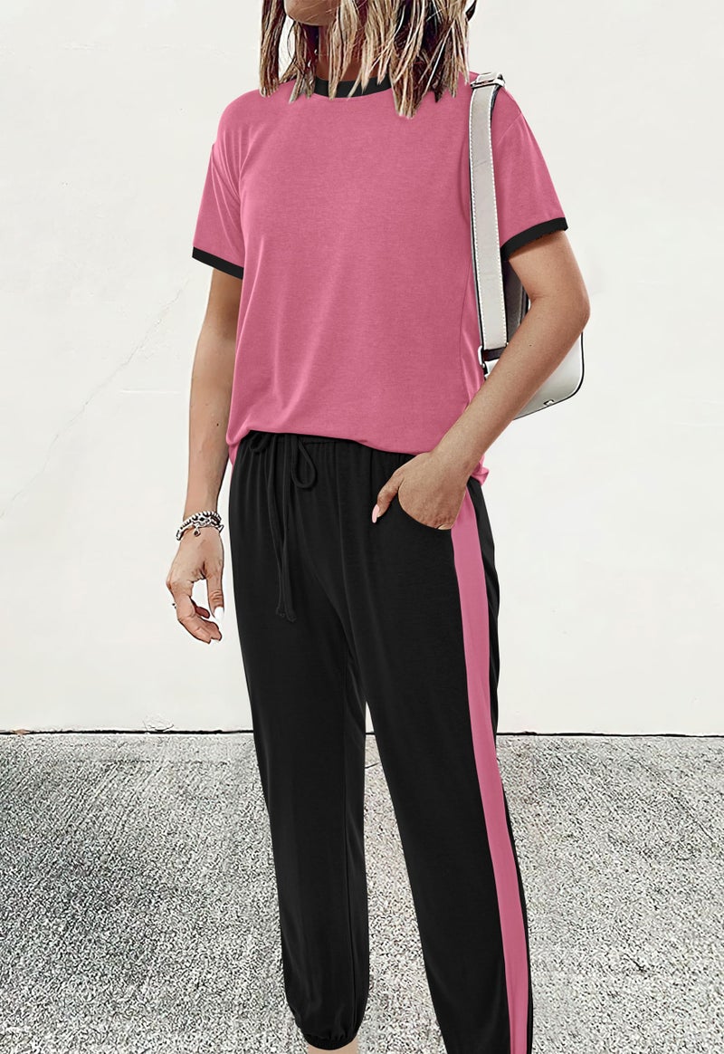 MASCOMODA Womens 2 Piece Outfits 2026 Summer Tracksuit Sets Short Sleeve Tops Travel Long Pants Jogger Lounge Set(Pink Black,Medium) - Image 2