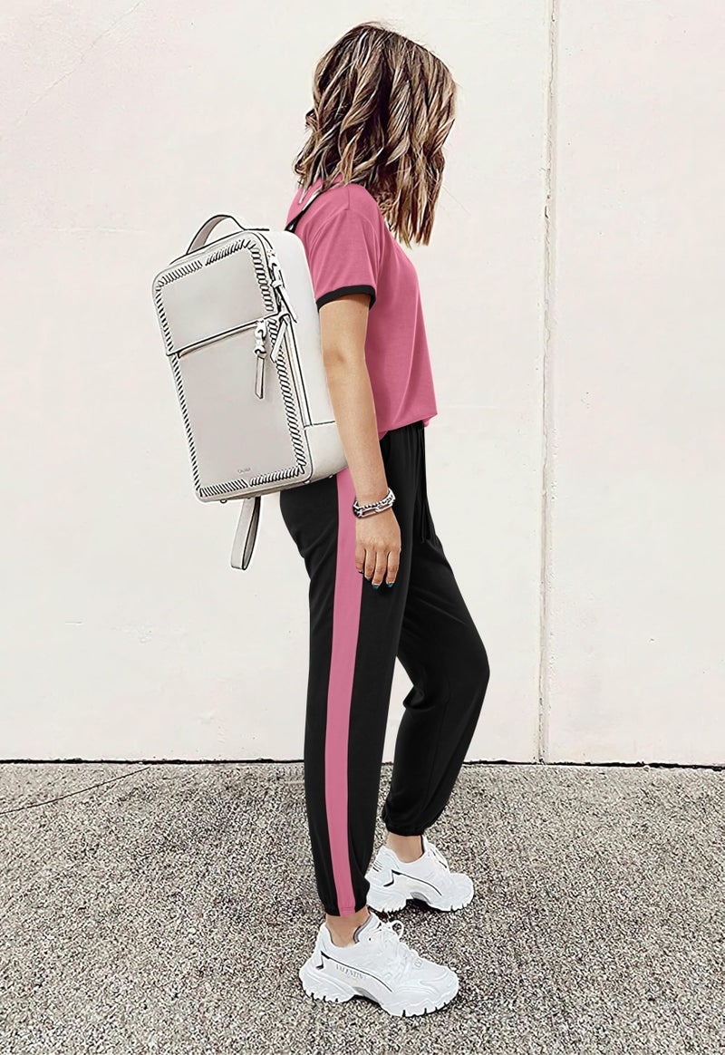 MASCOMODA Womens 2 Piece Outfits 2026 Summer Tracksuit Sets Short Sleeve Tops Travel Long Pants Jogger Lounge Set(Pink Black,Medium) - Image 4