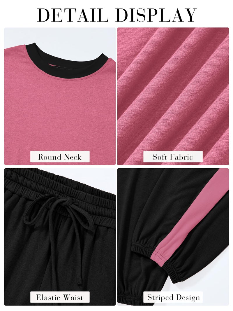 MASCOMODA Womens 2 Piece Outfits 2026 Summer Tracksuit Sets Short Sleeve Tops Travel Long Pants Jogger Lounge Set(Pink Black,Medium) - Image 5