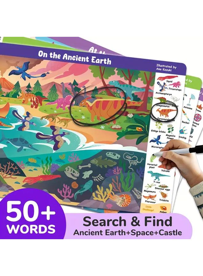 Set Of 3 Interactive Find Hidden Objects Cards For Kids Enhance Focus Castle Dinosaur Space - Image 2