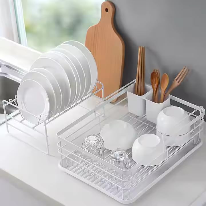 HAKKU Dish Drying Rack 2 – Tier for Kitchen Counter, Dish Drainer with Removable Cutlery Holder & Drainboard, Thickened Metal Materials | No Assembly | Large Capacity | Space Saving (New White Rack) - Image 4