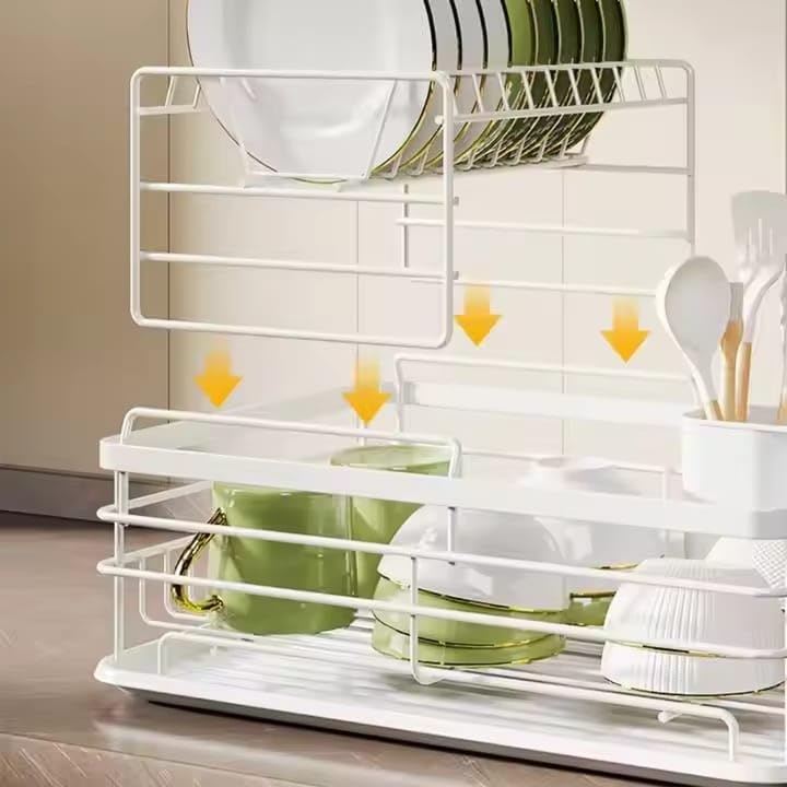HAKKU Dish Drying Rack 2 – Tier for Kitchen Counter, Dish Drainer with Removable Cutlery Holder & Drainboard, Thickened Metal Materials | No Assembly | Large Capacity | Space Saving (New White Rack) - Image 2