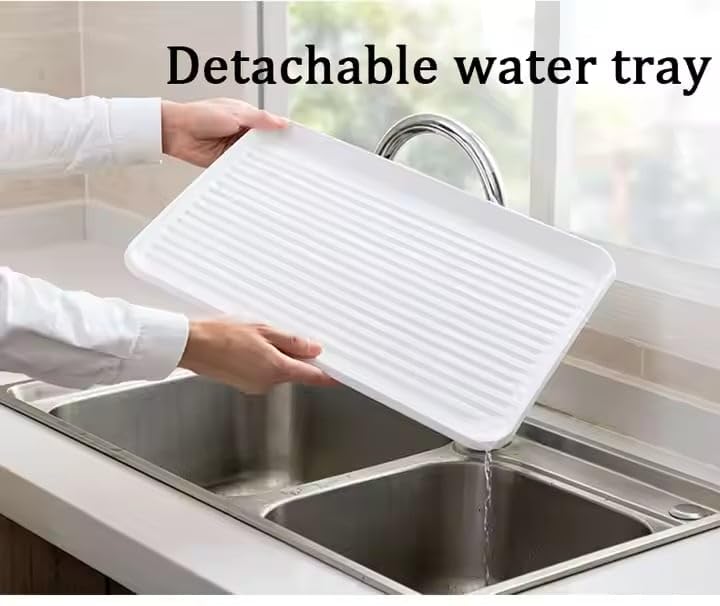HAKKU Dish Drying Rack 2 – Tier for Kitchen Counter, Dish Drainer with Removable Cutlery Holder & Drainboard, Thickened Metal Materials | No Assembly | Large Capacity | Space Saving (New White Rack) - Image 5